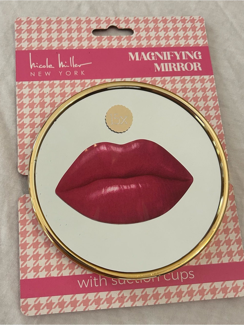 Nicole Miller Gold-Trim Magnifying Mirror with Hot Pink Lip Motif